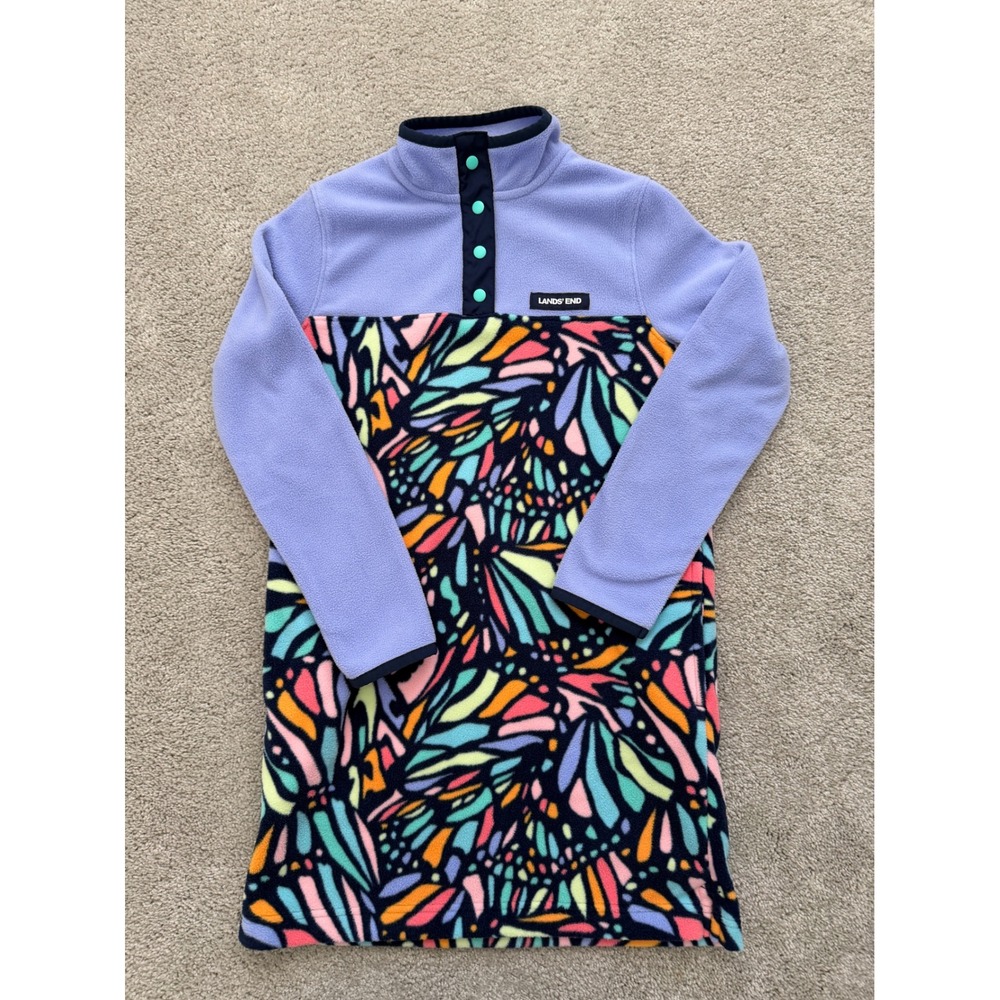 Lands End Kids Fleece Dress M 8 Purple Butterfly Wing Print Snap Neck Mock Neck